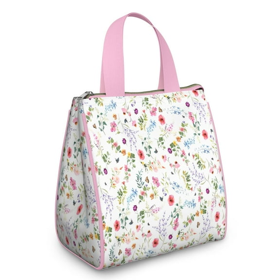 Pioneer Flower Floral Print Pattern Insulated Lunch Bag for Women & Adults,Large Portable Soft Cooler Lunch Bag,Thermal Food Storage Tote with Pearl Cotton,8.66L,8.75x5.75x9.5 Inch