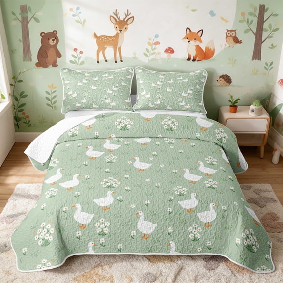 Erosebridal Goose Twin Quilt Set for Girls, Green Daisies Twin Coverlet Set, 2pcs 1 Bedspread and 1 Pillowcase