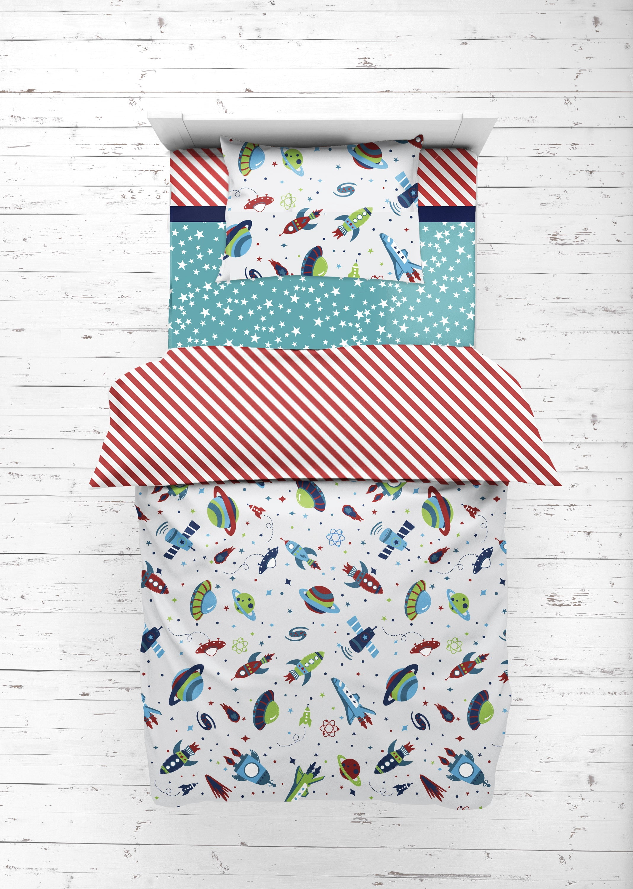 Bacati - Boys 4 pc Toddler Bedding/3 pc Sheet Set 100% Cotton Percale, Airspace Aqua/Red/Orange/Green/Navy
