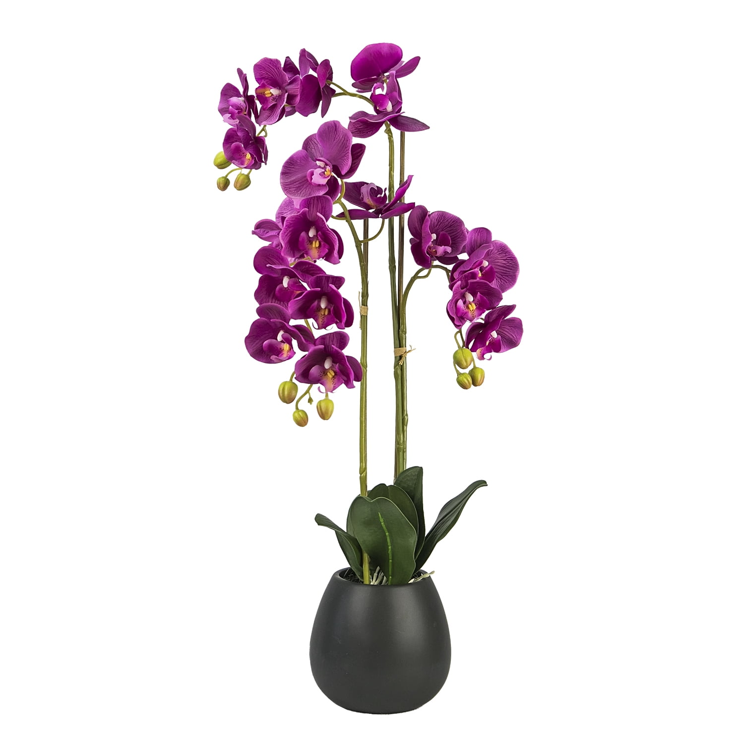 LCG Florals Artificial Flower, 32in Fuchsia Orchid Flower in Decorated Embossed Black Ceramic Pot, Fake Faux Indoor Plant for Home Decor
