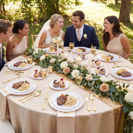 DALUVENIX 350 PCS GOLD PLASTIC DINNERWARE SET FOR 50 GUESTS,  DISPOSABLE DINNERWARE SETS INCLUDE 100 GOLD RIM PLASTIC PLATES, 50 SILVERWARES, 50 CUPS, AND 50 NAPKINS FOR PARTY, WEDDING, HOLIDAYS