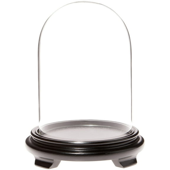 Plymor 5.5" x 8" Glass Display Dome Cloche (Black Wood Veneer Footed Base)