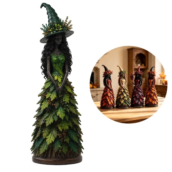 Enchanted Autumn Witch Figurine, Fall Witch Decor Halloween Tabletop Statue with Leaf Gown, Seasonal Resin Witch Decoration for Mantel Shelf Home