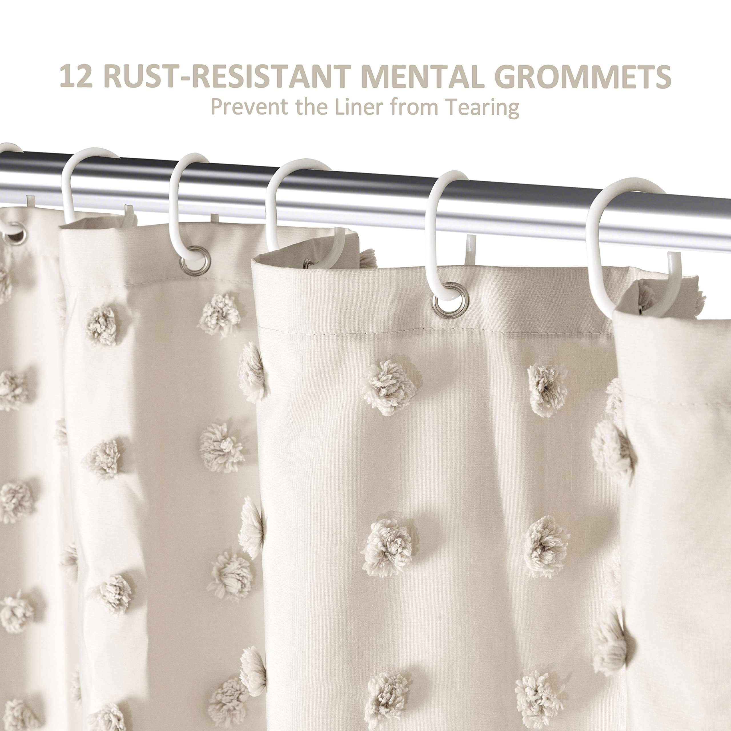 Siiluminisoy Beige Farmhouse Shower Curtains, Heavy-Duty Mold/Mildew-Resistant,Water-Repellent, Machine-Washable,Tufted Pleat Floral Puffs Design,72 x 72