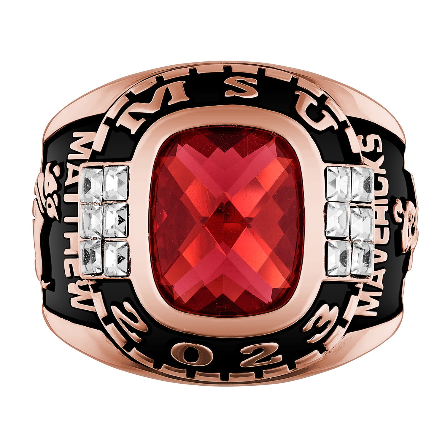Order Now for 2025 Graduation, Freestyle Men's Rhodium Rose Cushion Birthstone & CZ Class Ring, Personalized, High School or College Graduation
