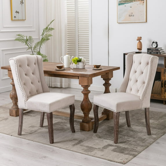 Luxury Velvet Dining Chairs Wingback Tufted Accent Chair with High Backrest Wood Leg Comfortable Armless Side Chair(Beige,Set of 2)