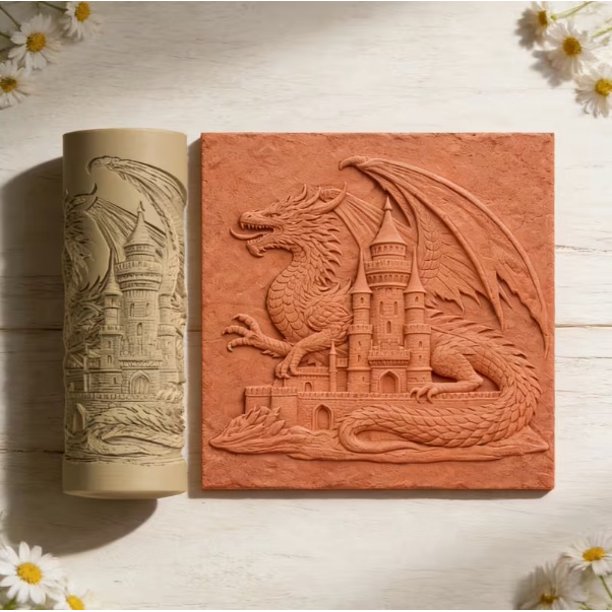 Rodillo de textura de dragón y castillo de alto detalle for arcilla polimérica, molde duradero en relieve 3D for arte y diseño de joyería