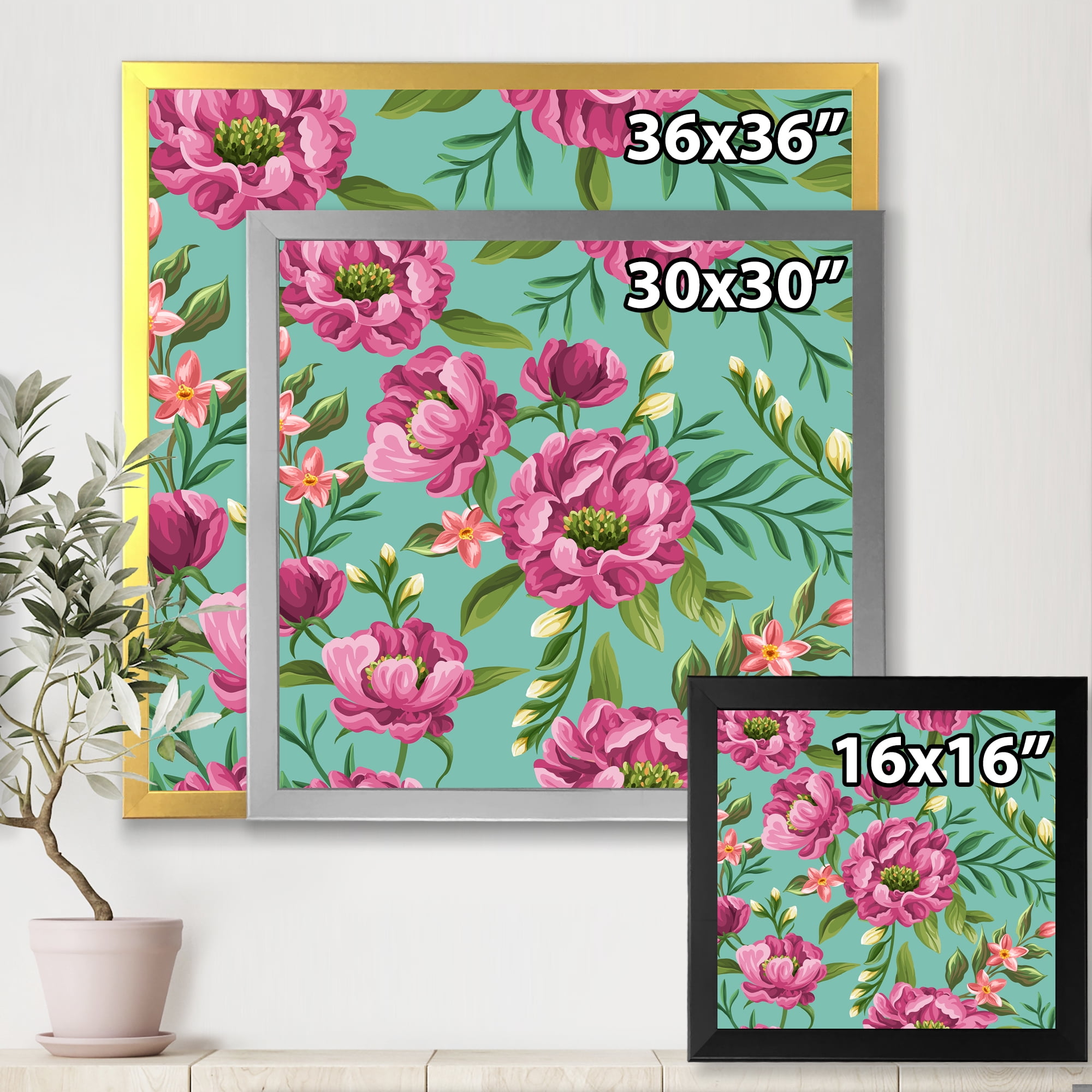 Designart 'Fuchia Pink Flowers On Green VIntage' Traditional Framed Art Print