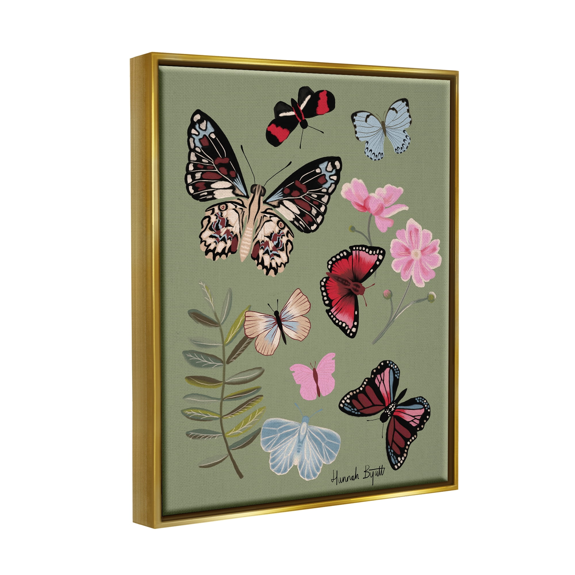 Stupell Industries Butterflies & Woodland Herbs Animals & Insects Painting Gold Floater Framed Art Print Wall Art, 17 x 21