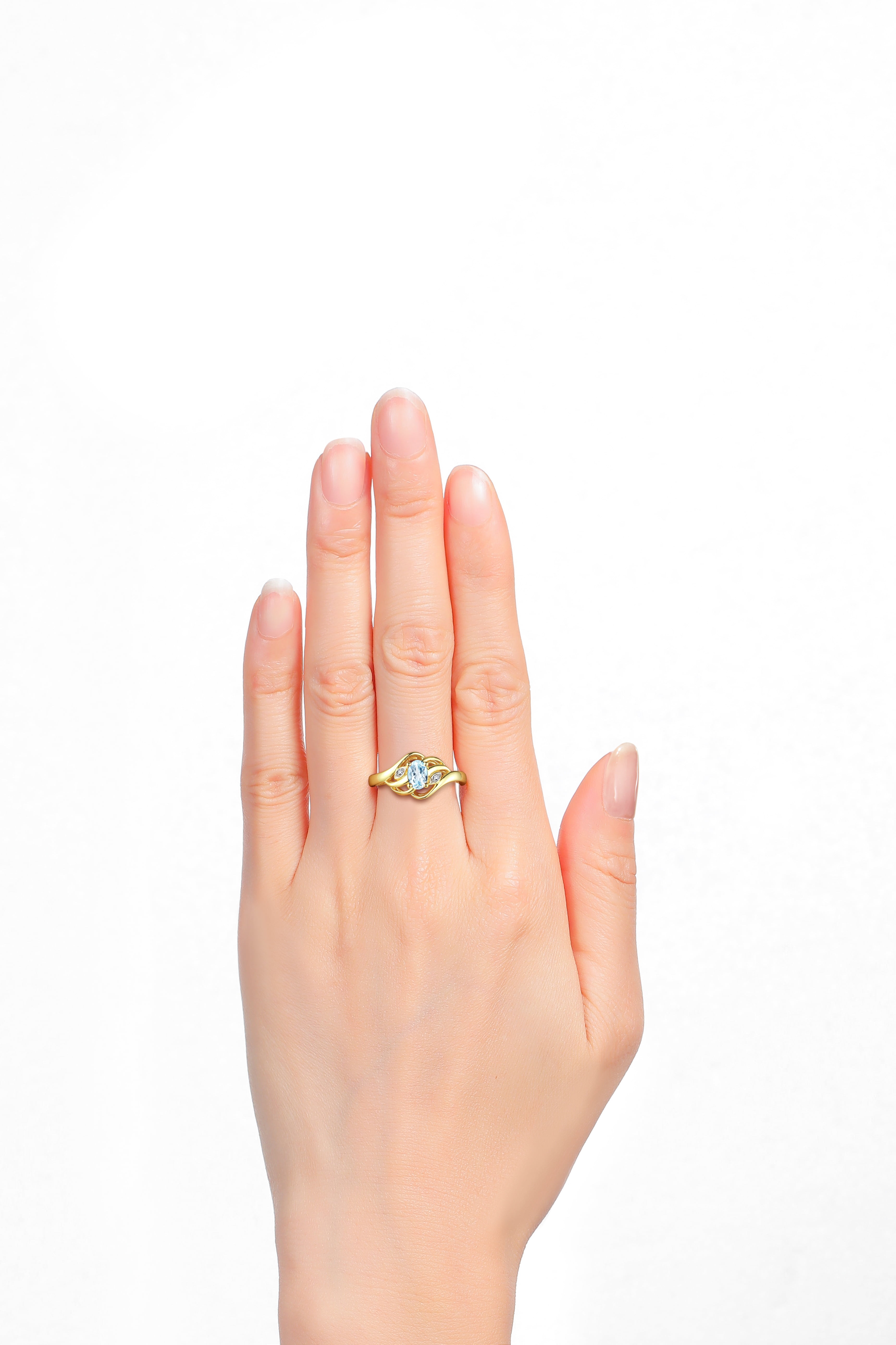RYLOS Rings for Women 14K Gold Plated Silver Ring Classic Style Birthstone Ring 6X4MM Gemstone &  Diamonds Aquamarine Jewelry for Women Size 9