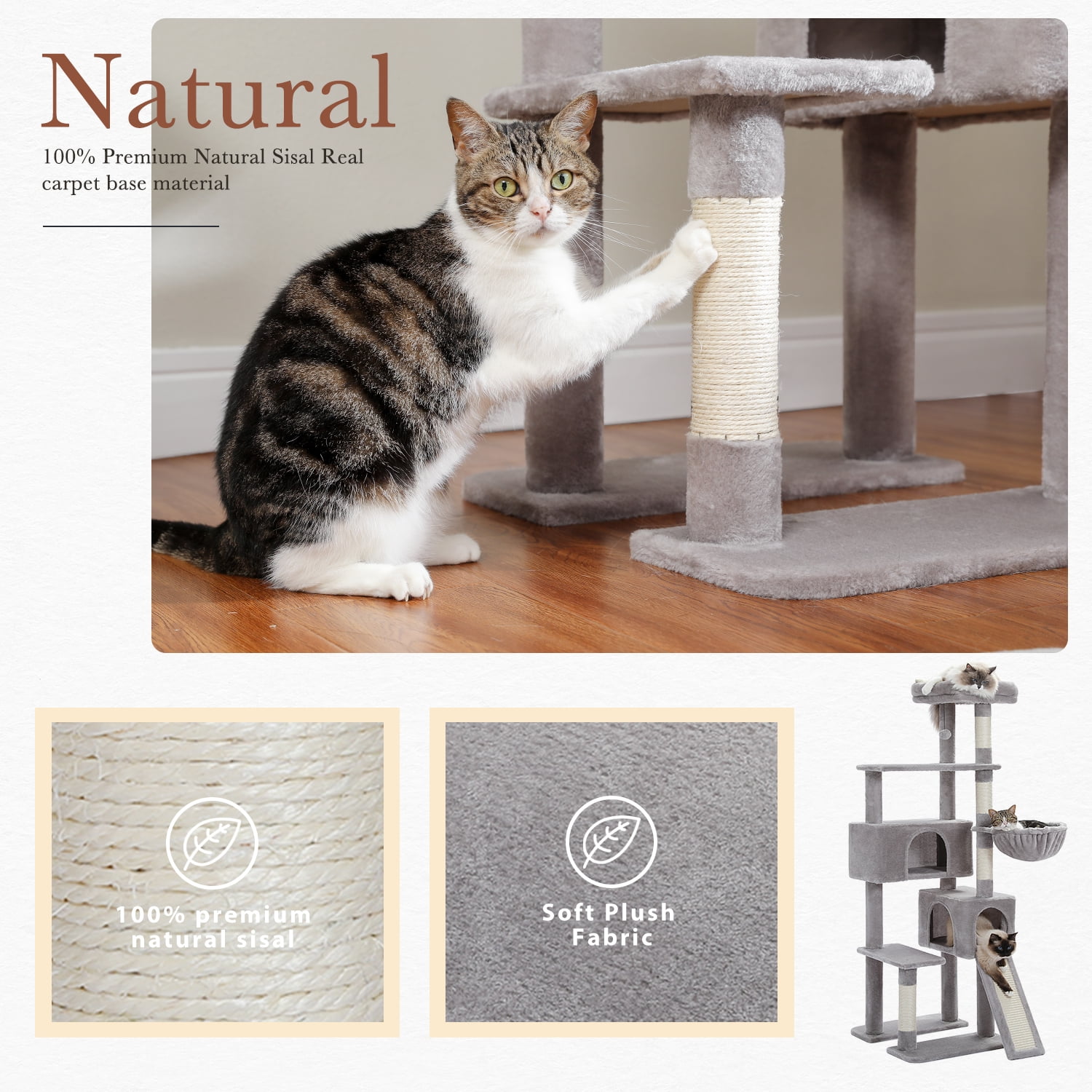 PEQULTI 61" Modern Cat Tree Large Cat Tower with Ladder and Dual Condos Indoor Light Gray
