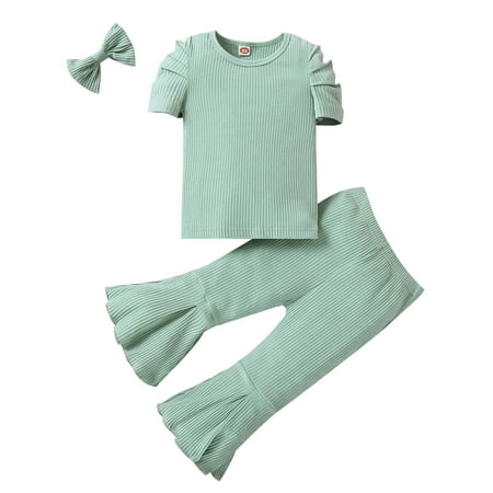 

ZIZOCWA Cute Tops for Teen Girls Toddler Girls Short Sleeve Solid Color Fashion Ribbed Tops Pants Headbands 3Pcs Outfits Set for Babys Clothing Teen Girl Sweatpants Set Teens Winter Clothes for Girl