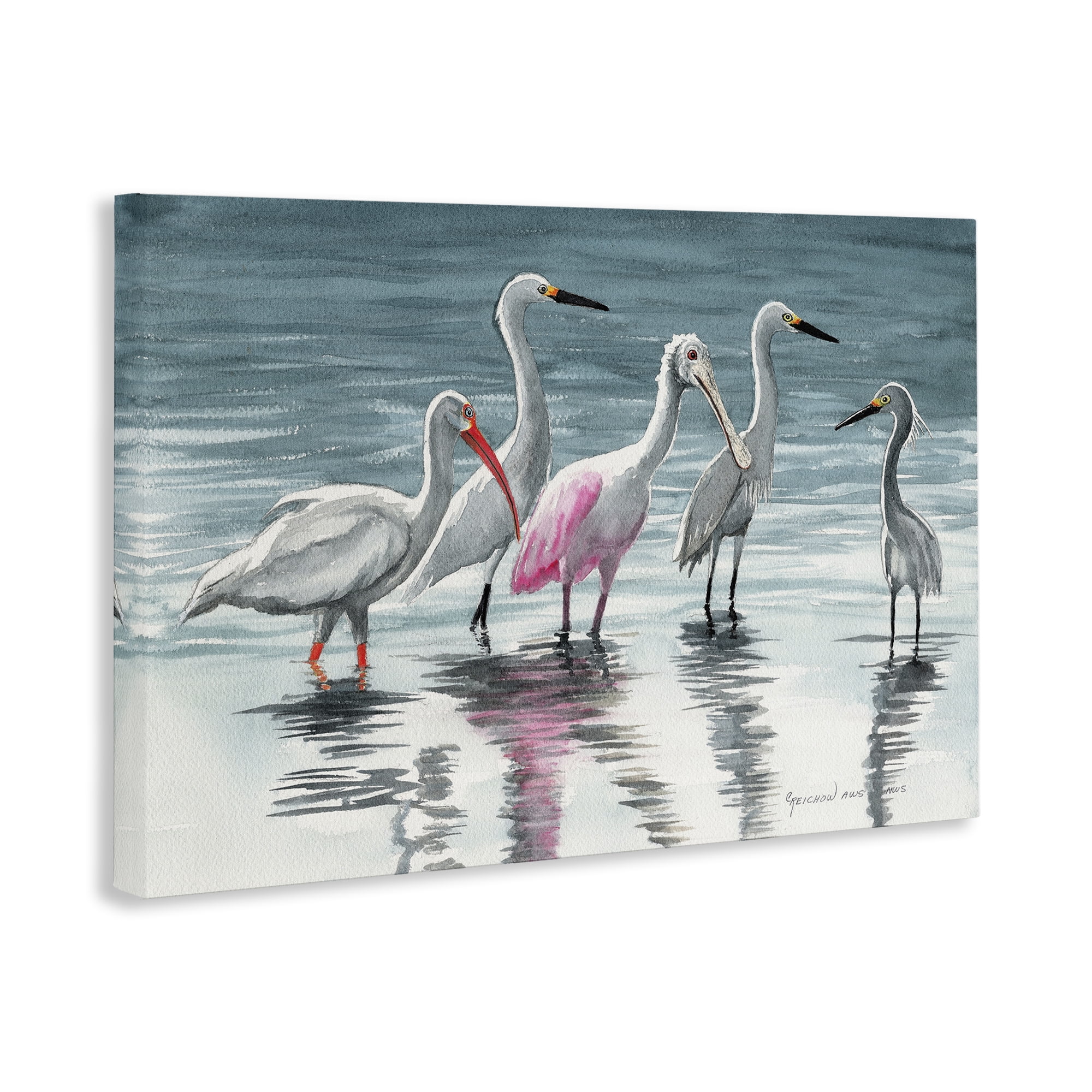 Stupell Industries Herons Stepping in Shore Animals & Insects Painting Gallery Wrapped Canvas Art Print Wall Art, 36 x 24