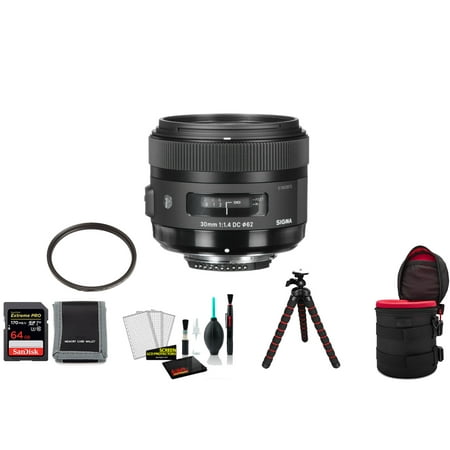 Sigma 30mm f/1.4 DC HSM Art Lens for Nikon F 301-306 Bundle with 64GB Memory Card + UV Filter + Tripod and More