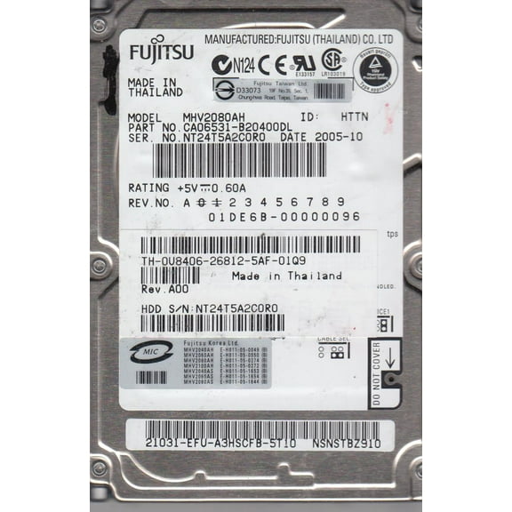 Fujitsu MHV2080AH 80 GB Hard Drive, 2.5" Internal, IDE (IDE Ultra ATA/100 (ATA-6))