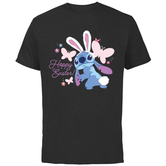 Disney Lilo & Stitch Hoppy Easter Bunny and Butterflies - Short Sleeve Cotton T-Shirt for Adults - Customized-Black