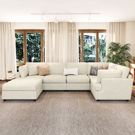 127 U-Shaped Sectional Sofa with Movable Ottoman 6-Piece Chenille Fabric Sofa Set Convertible Modular Corner Couch with Sturdy Pine Wood Frame for Large Living Room and Apartment (Beige)