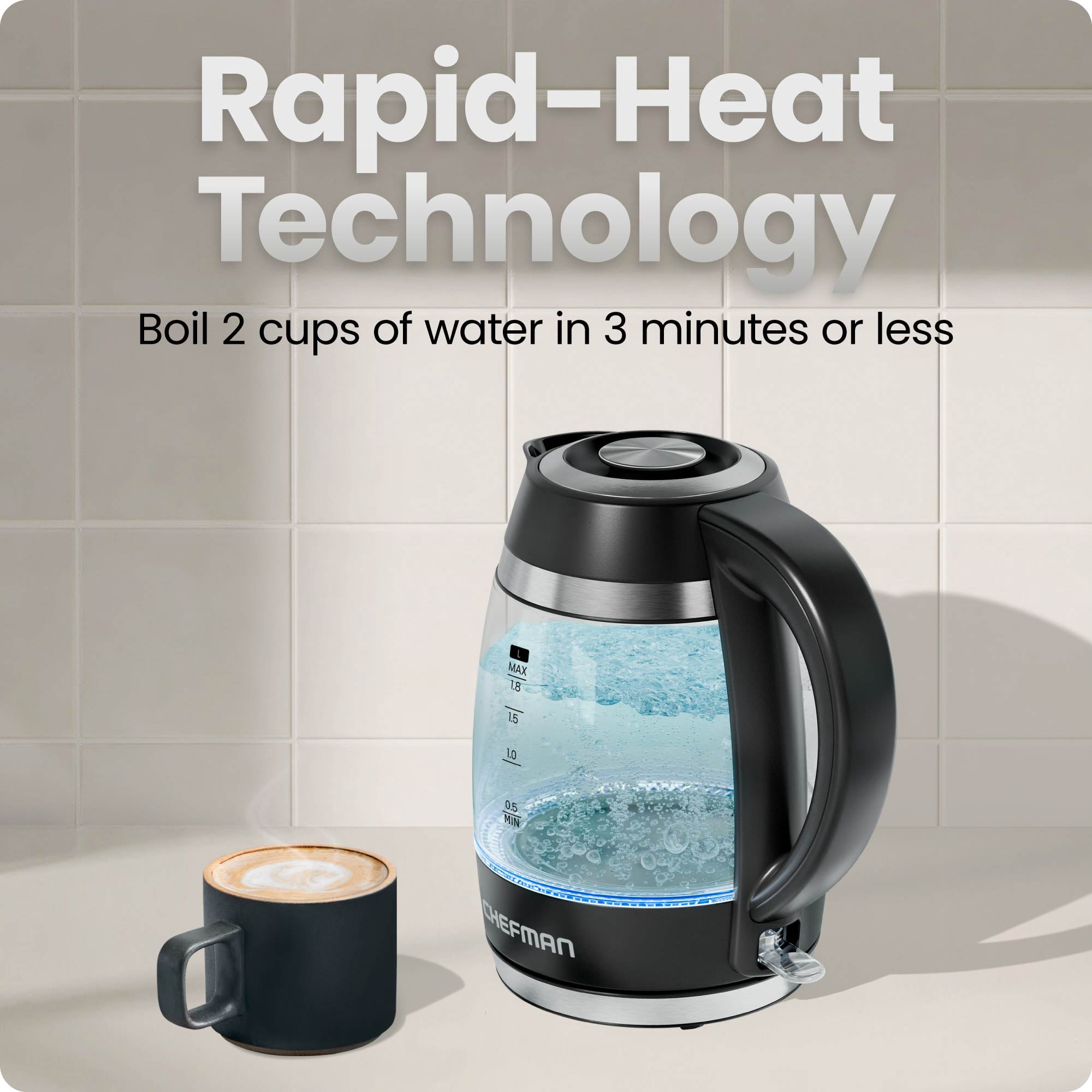 Chefman Fast-Boil 1.8L Electric Kettle with Tea Infuser, LED Lights - Black
