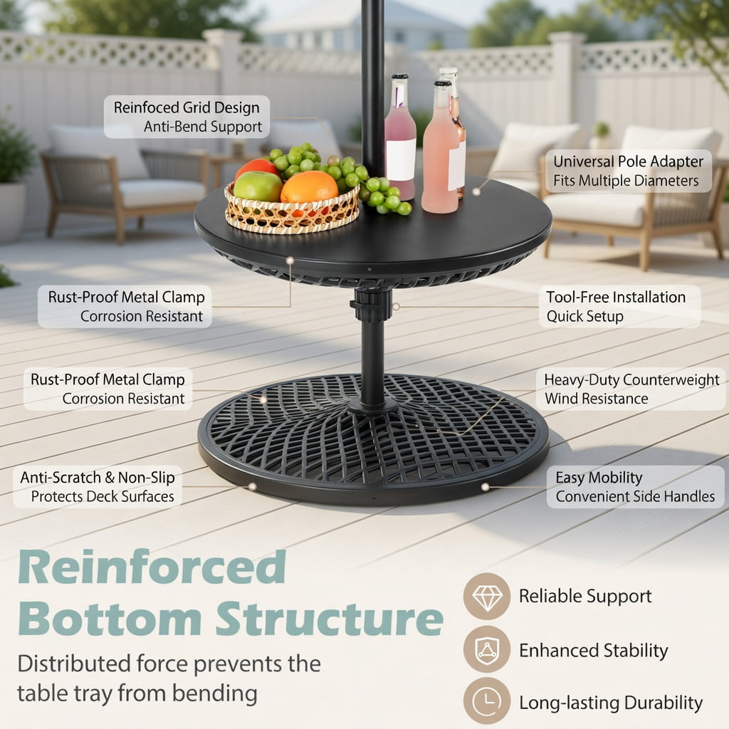 Resenkos Umbrella Base for Patio, Umbrella Stand Outdoor Base,Patio Umbrella Table Tray Adjustable with Umbrella Poles-Black