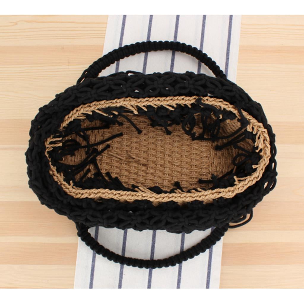 Boho Handmade Cotton Beach Knitting Bucket Bag Purse Woven Bag Tote for Women Hand-woven Crochet Handbag Black