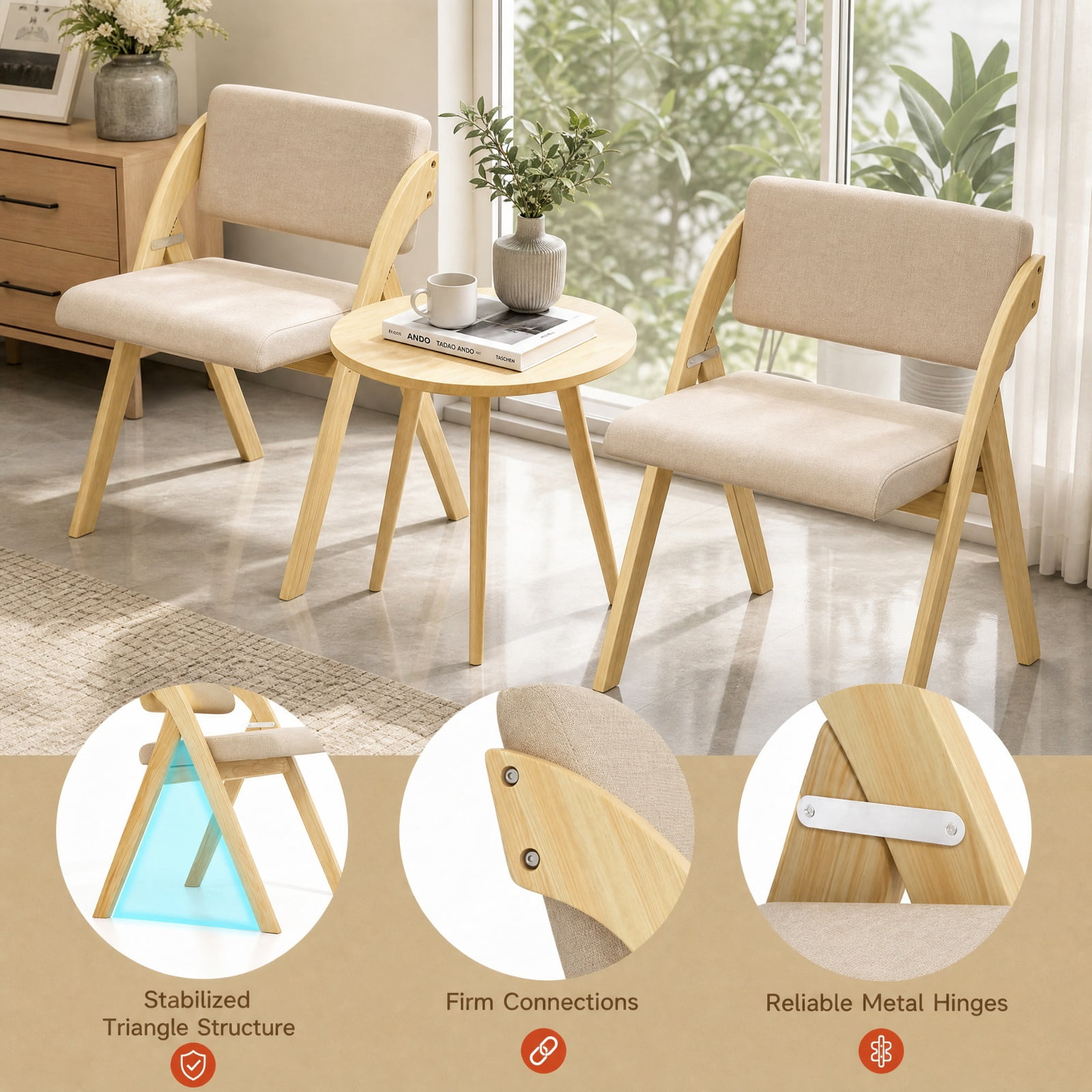 Furnibear Folding Kitchen Dining Chairs Set of 2 with Padded Seat and Rubber Wood Legs for Home