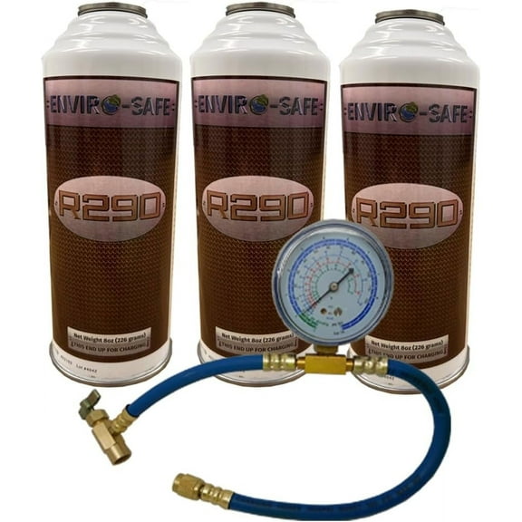 R290 AC Refrigerant Recharge Kit | 14" Hose Can Tap with Gauge | 3-8oz Cans