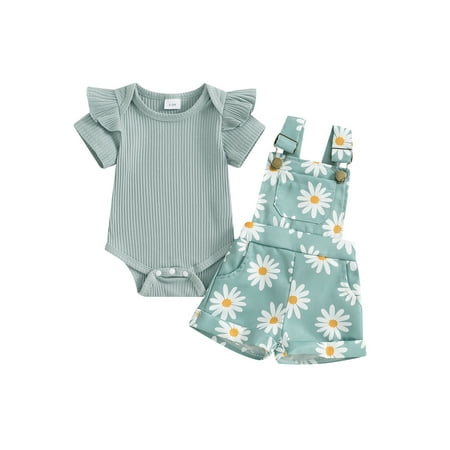 

FSDJHSDH Baby Girls Shorts Set Short Sleeve Romper with Floral Suspender Shorts