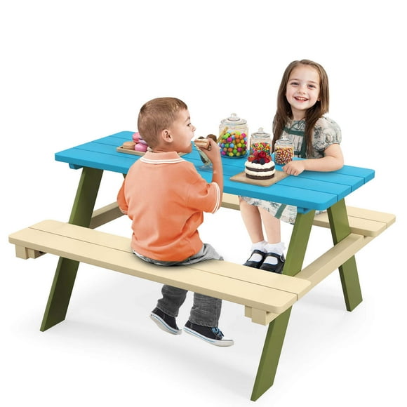 Costway Kids Wooden Picnic Table Set Solid Dining Table with Built-in Benches for Patio