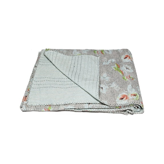 HomeRoots 50" X 70" Pink and Ivory Kantha Cotton Floral Throw Blanket with Embroidery