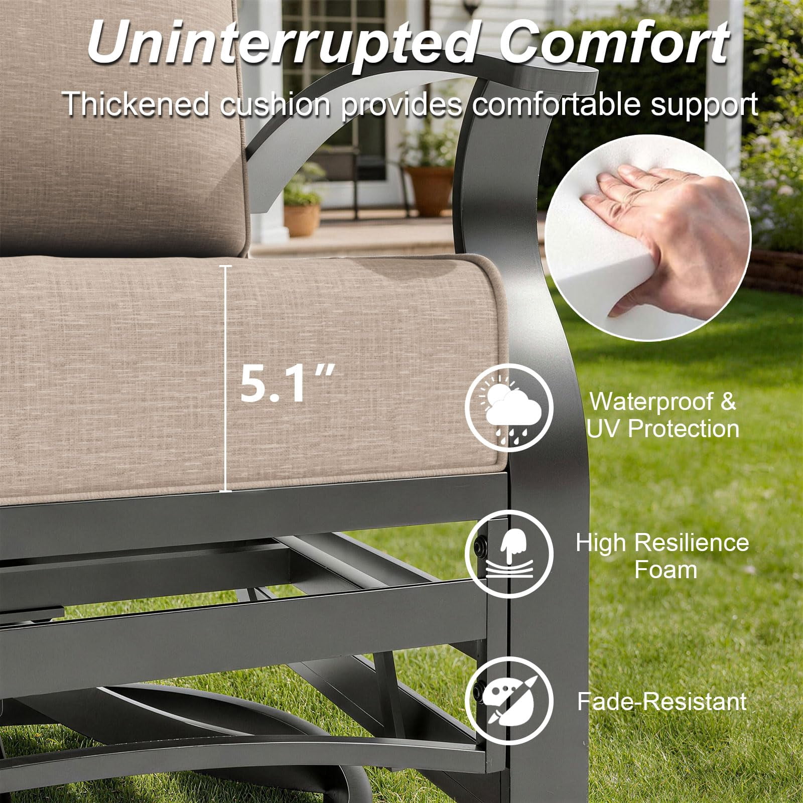 ALAULM 3 Piece Patio Outdoor Aluminum Metal Swivel Rocking Chair with 1 Coffee Table and 2 Khaki Padded Cushions Outdoor Metal Swivel Rocking Chair Furniture Conversation Set for Porch Garden