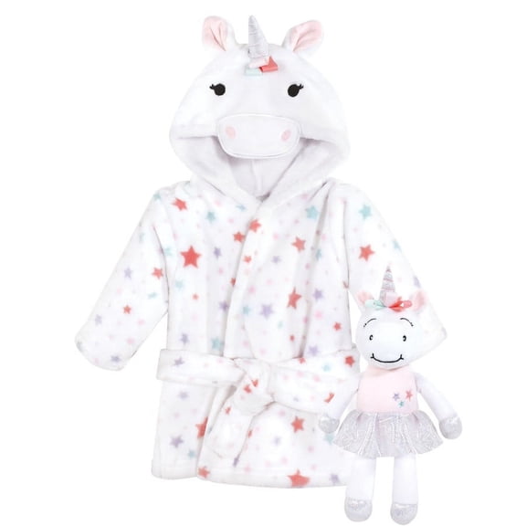 Hudson Baby Infant Girl Plush Bathrobe and Toy Set, Rainbow Unicorn, One Size