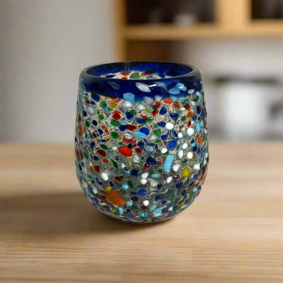 Blue Rim Confetti Wine Glass | Hand-Blown Mexican Stemless Cup (1Piece)