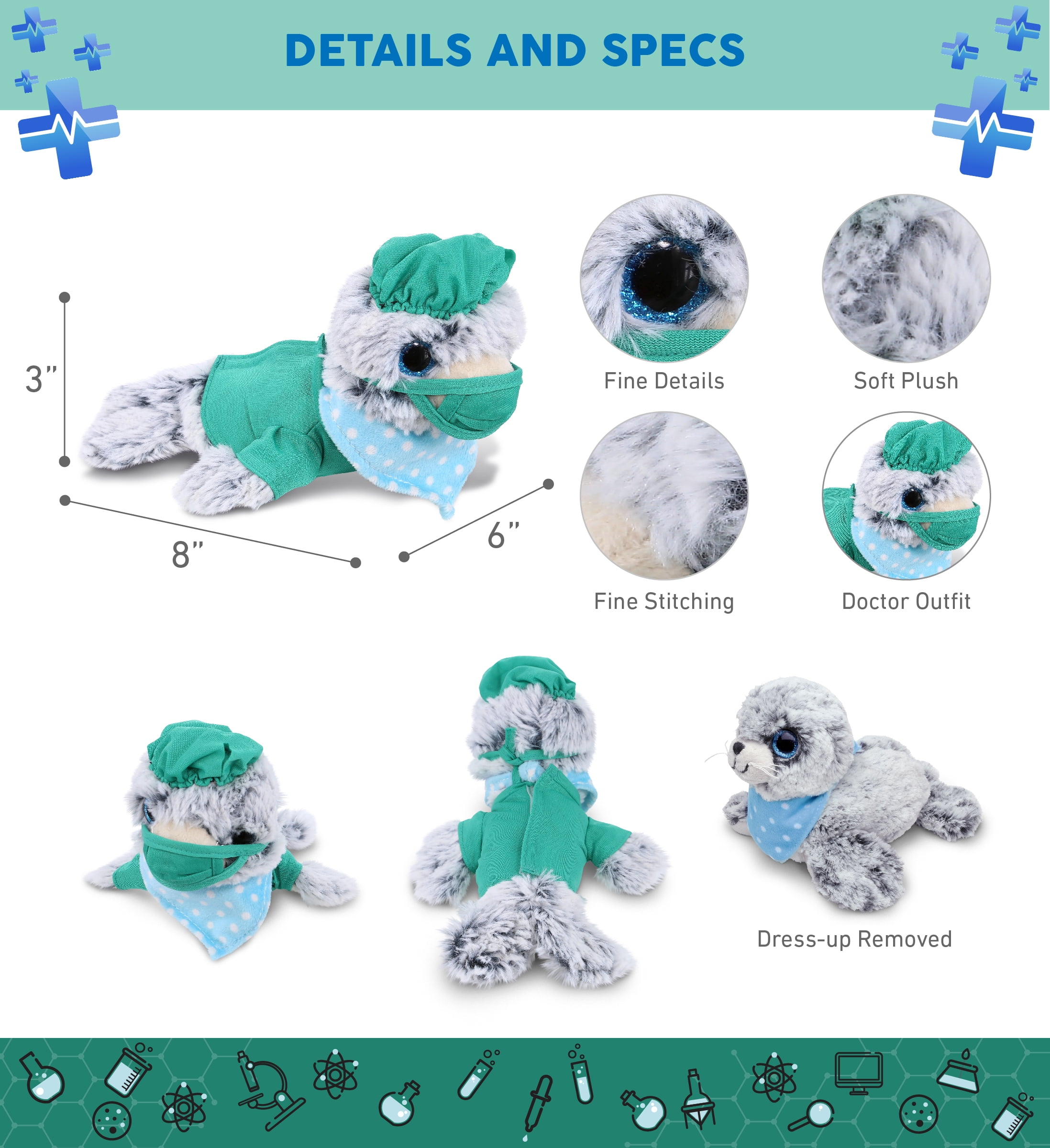 DolliBu Sea Lion Doctor Plush Toy - Super Soft Sea Lion Doctor Stuffed Animal Dress Up with Cute Scrub Uniform & Cap Outfit  - Fluffy Doctor Toy Plush Gift - 8 Inches