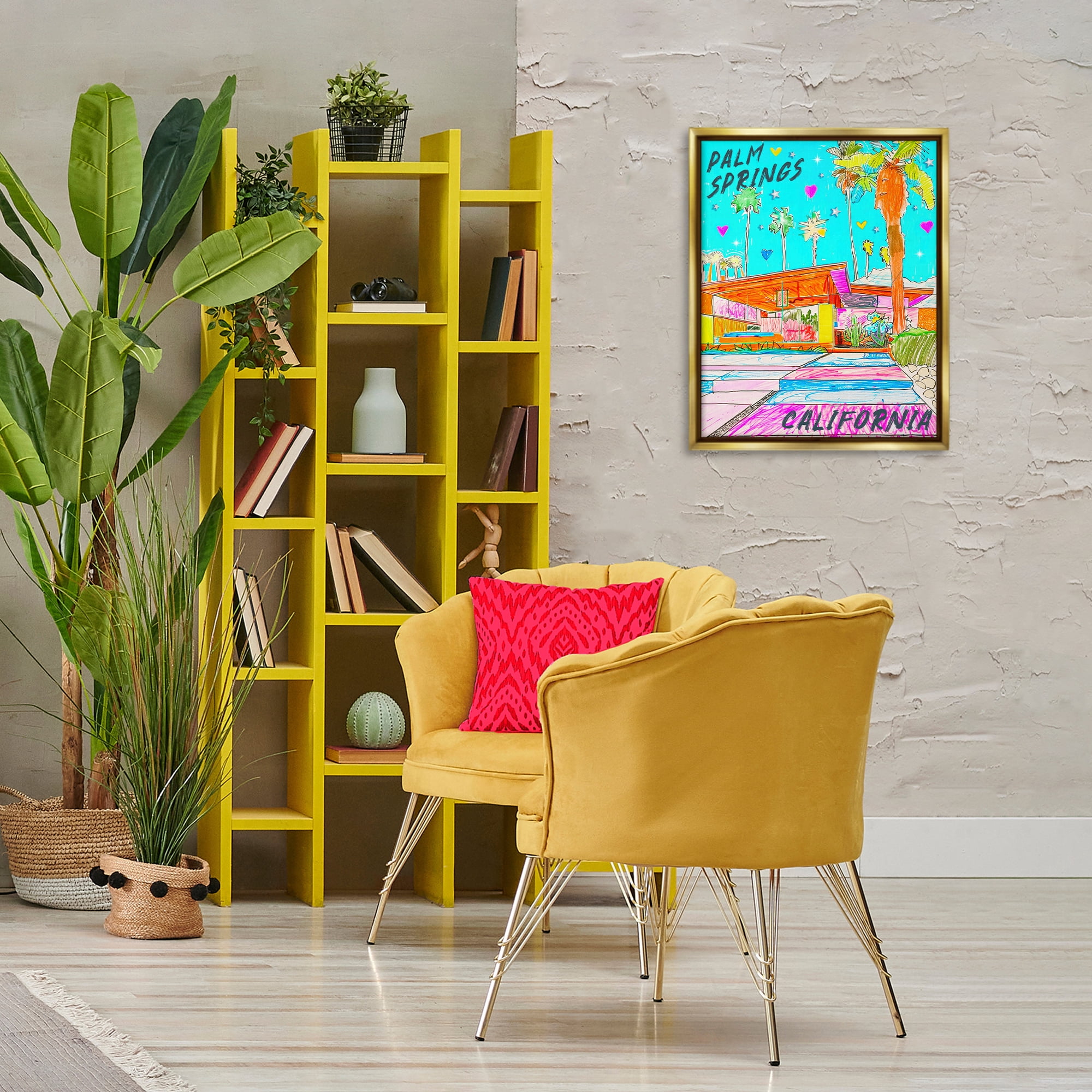 Stupell Industries Palm Springs Villa Doodle Cities & Countries Painting Gold Floater Framed Canvas Art Print Wall Art, 17 x 21