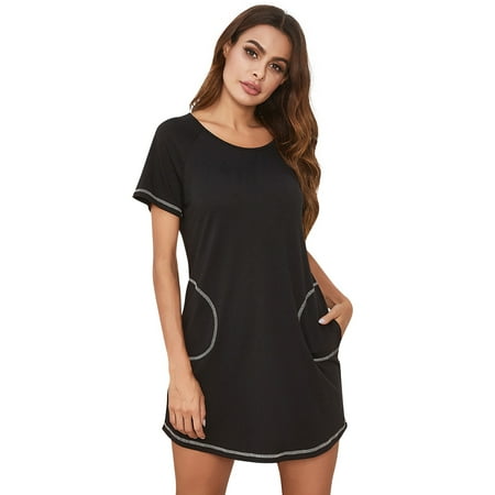 

WBQ Women s Nightgown with Pockets Crew Neck Short Sleeve Pajama Sleepshirts Loose Comfy Cotton Loungewear Sleepwear S-XXL
