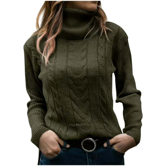 hoksml Women's Turtleneck Sweater Solid Color Long Sleeve Knit Cable Pullover Cozy Winter Fashion Top