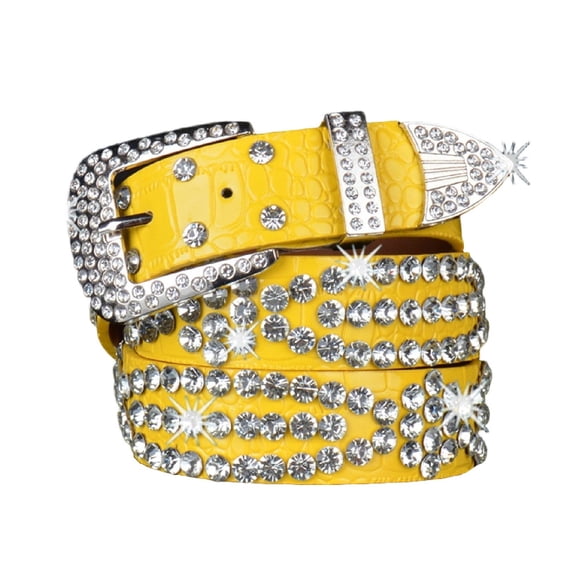 SWSMCLT Women's Rhinestone Bling Belts Groove Yellow X-Small-Large