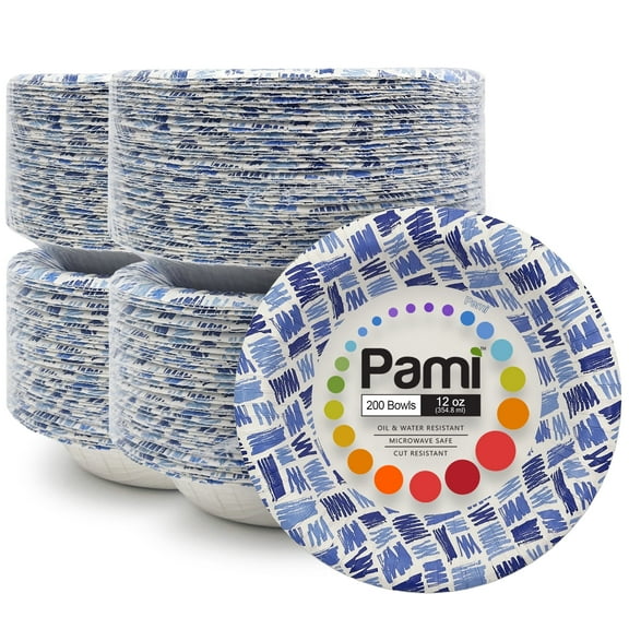 PAMI Blue Paper Bowls 12 Oz, Pack of 200 – Heavy-Duty Disposable Bowls for Soup, Microwave Safe, Oil, Water & Cut Resistant Dinnerware