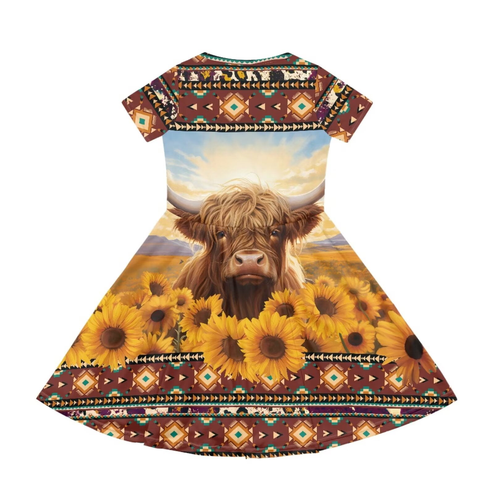 Uourmeti Highland Cow Sunflower Girls Short Sleeve Swing Dress Summer Casual Crew Neck Midi Southwest Africa Aztec Wedding Party Dresses Casual Sundress with Pockets