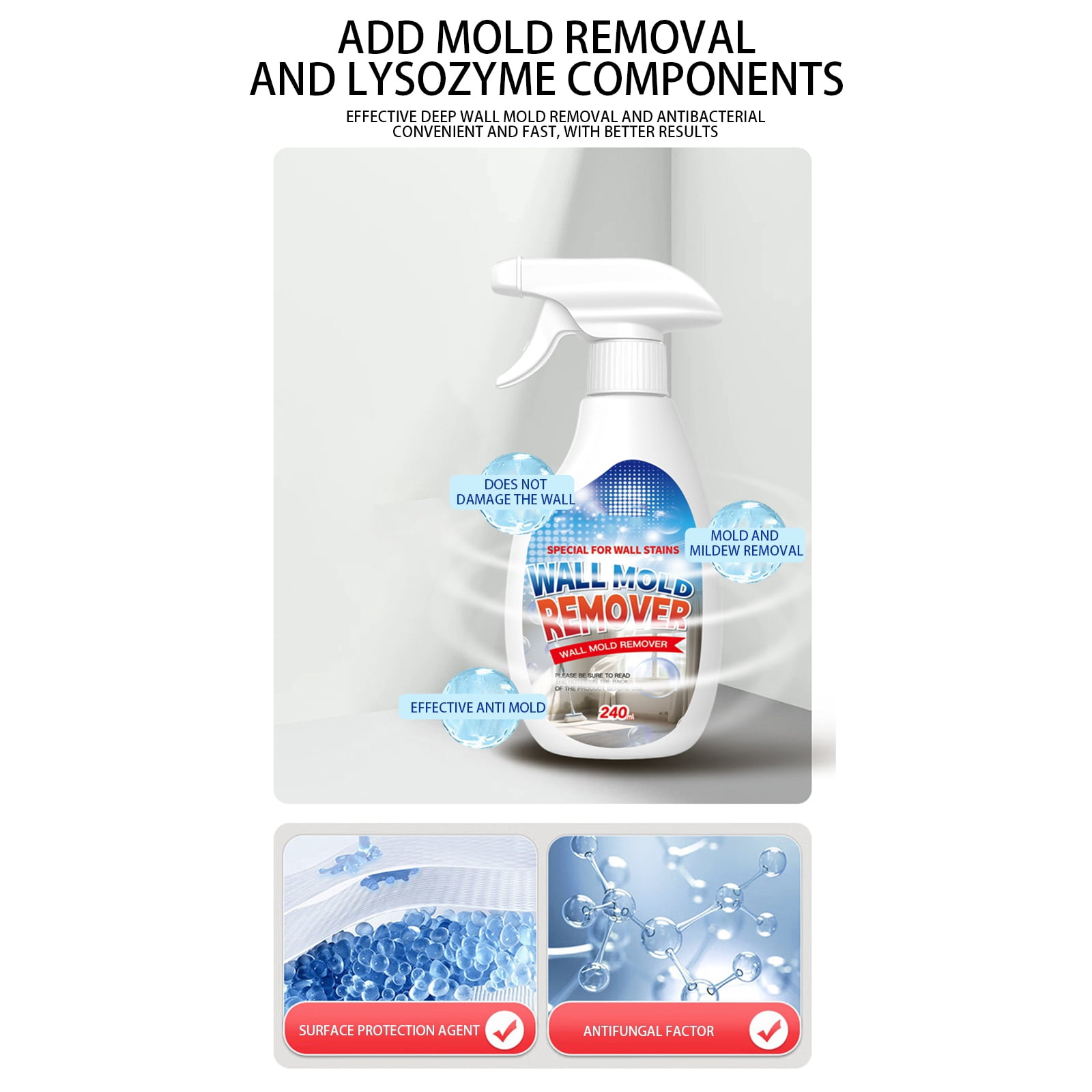 Fiell Wall Mold Remover Spray, Powerful Mold Stain Remover, Multi-Surface Cleaner For White Walls Wood Tile Fabric Bathrooms Kitchens 240Ml Spray Bottle, Safe & Effective Home