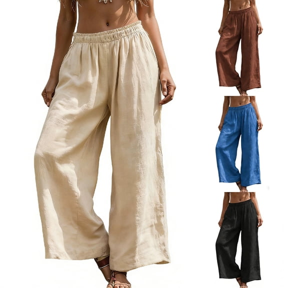 Women's Wide Leg Cotton Linen Pants Summer Boho Casual Flowy Pants Elastic Waist Beach Vacation Travel Trousers with Pockets