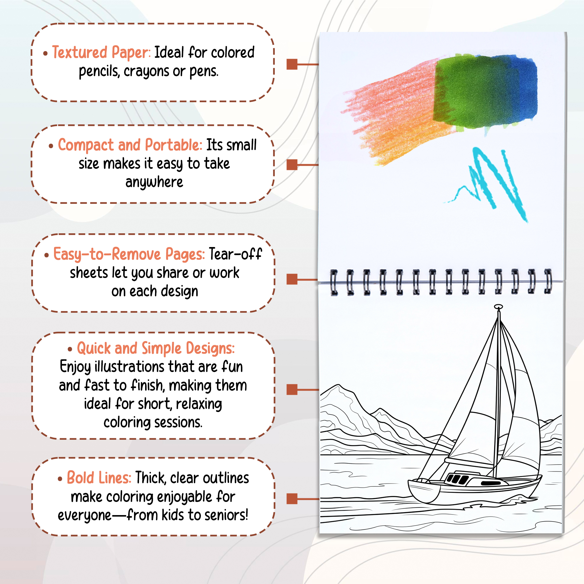 Cozy-Themed Mini Coloring Book Spiral Bound for Adult, Pack 6, 3.5” x 3.5” Pocket Size, 40 Coloring Pages Stress & Anxiety Relief, Travel for Women Men