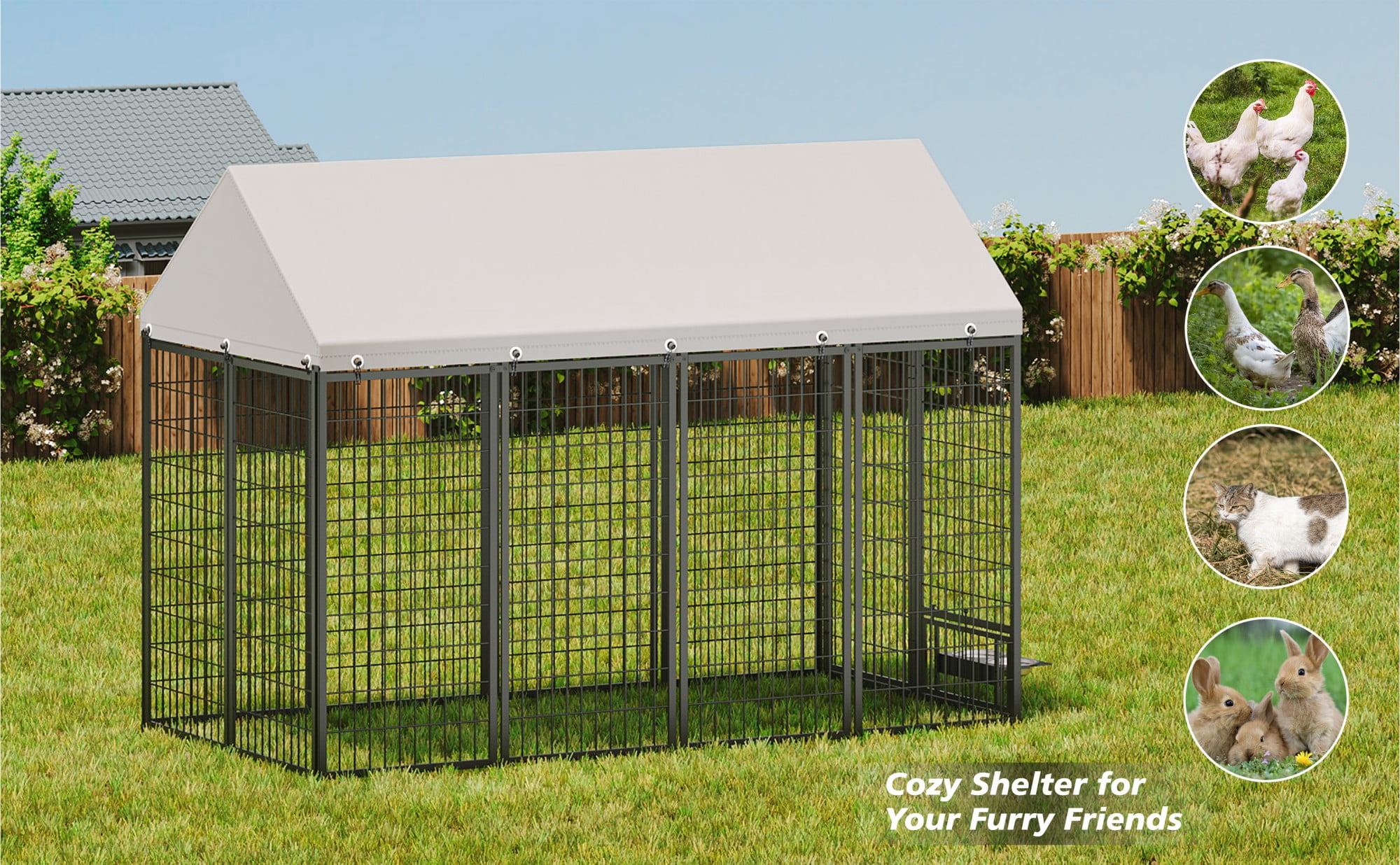BOFANG Heavy Duty Dog Kennel Outdoor Metal Pet Run with Roof Cover Double Door Lock Feeder