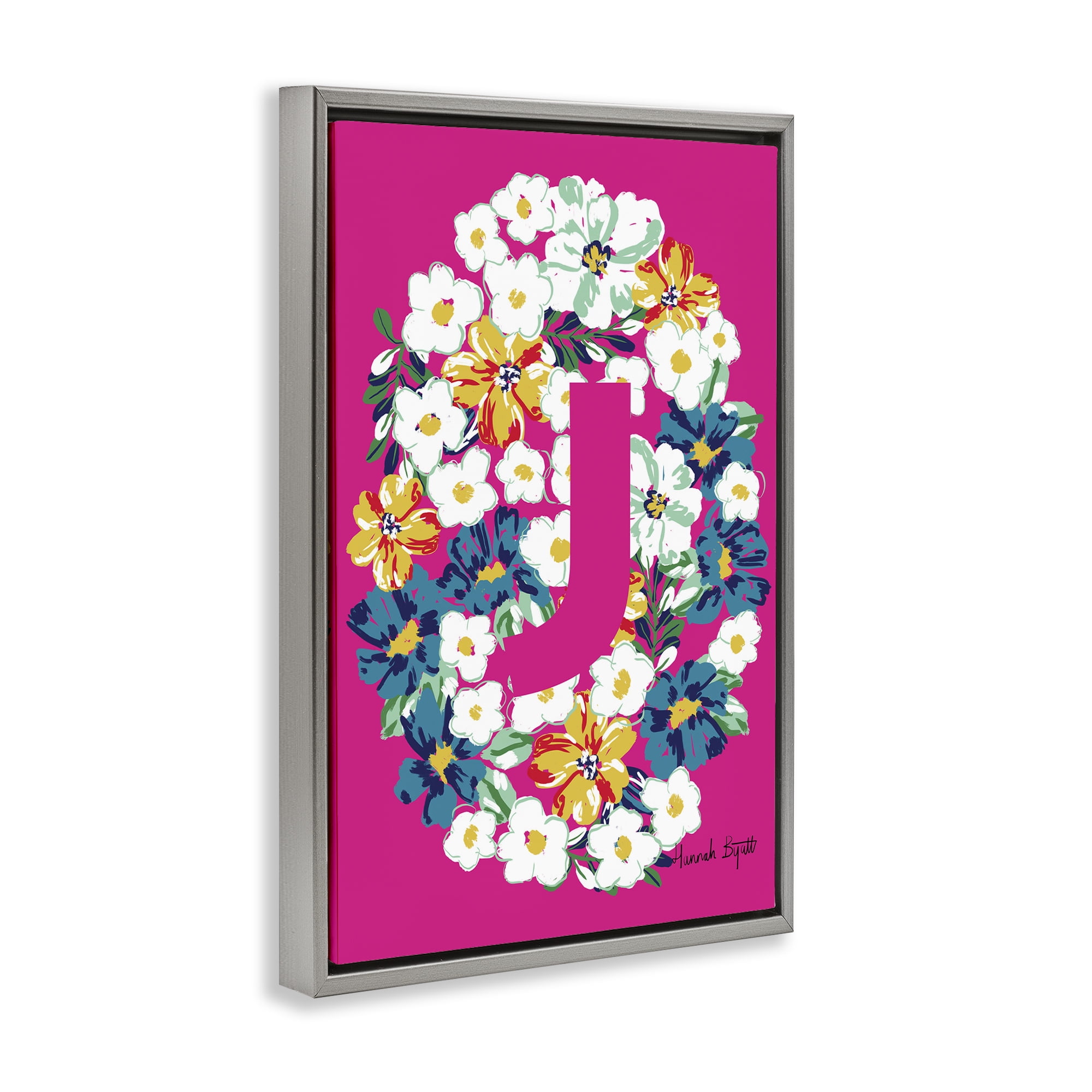 Stupell Industries Floral Bloom Letter J Botanical & Floral Painting Gray Floater Framed Art Print Wall Art, 17 x 25