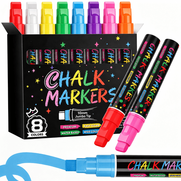GlamourGaze Liquid Chalk Markers 8 Colors 10mm Tip, Reversible Dual-End Pens Wet Dry Erase