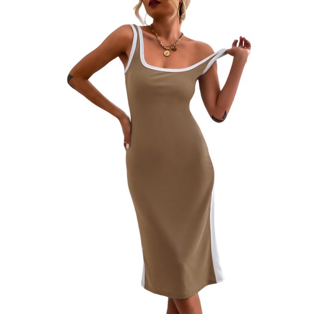 VISgogo Vestido de verano para mujer, patchwork, cuello en U, elástico, ajustado, ceñido al cuerpo, falda ajustada para mujer VISgogo moda