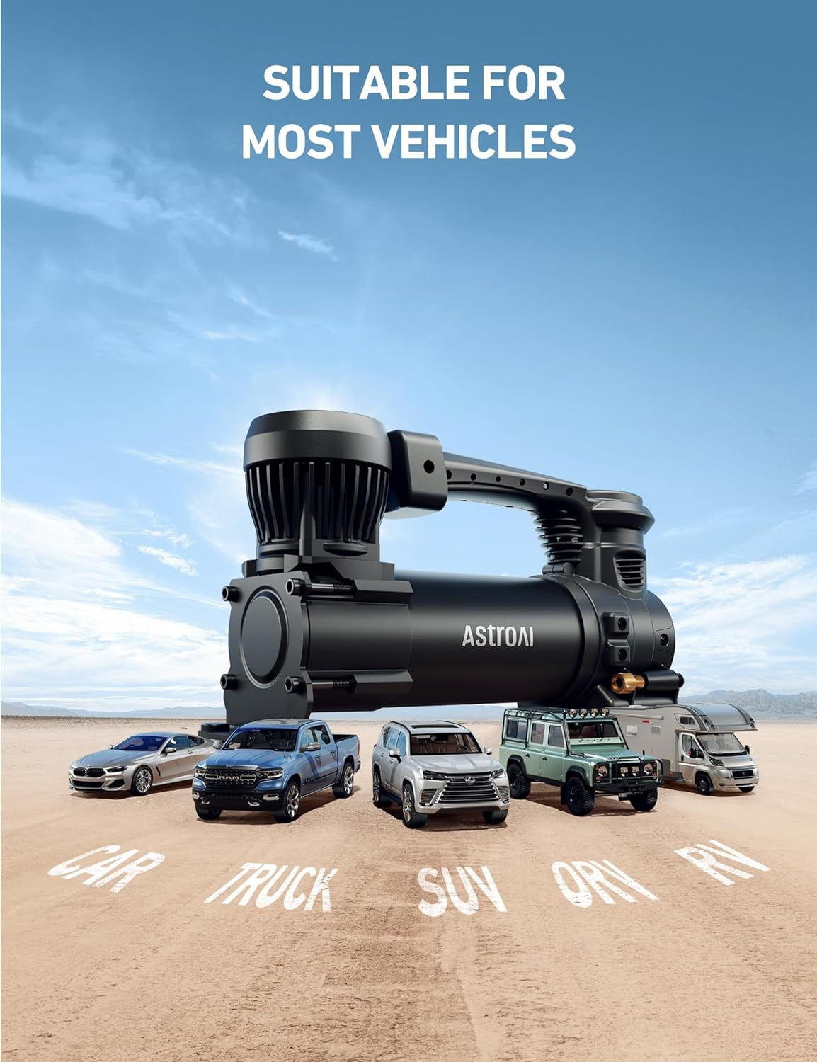 AstroAI T3 Heavy-Duty Air Compressor 12V Portable Offroad Air Compressor with 1.97CFM, 120PSI Tire Pump with Alligator Clips, LED Light for Pickups,Trucks, SUVs, RVs Cars for Up to 33 Inch Tires