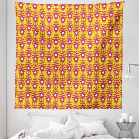 Ikat Tapestry, Aztec Culture Inspired Repeating Vintage Motifs on Yellow Background, Fabric Wall Hanging Decor for Bedroom Living Room Dorm, 5 Sizes, Magenta Yellow and White, by Ambesonne