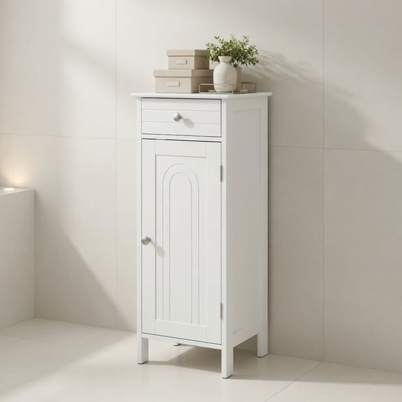 Resenkos Wooden Storage Free-Standing Floor Cabinet with Drawer and Shelf-White, Bathroom Cabinets for Entryway Storage, Home Office Furniture