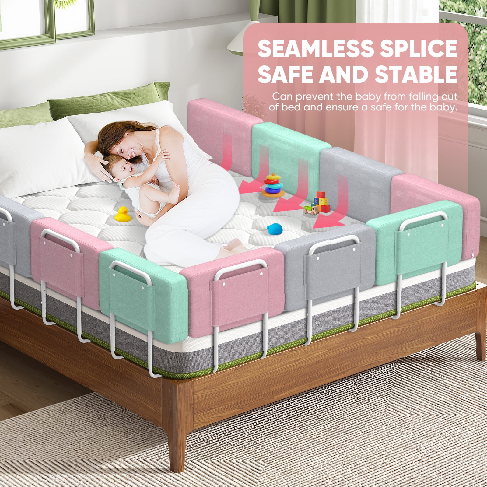 Kidsbuddy 23.6" Toddler Bed Rails Guard Foldable Portable Kids Bed Rail 5 Hole Height Adjustable Bed Rails for Toddlers, 2PC, Pink